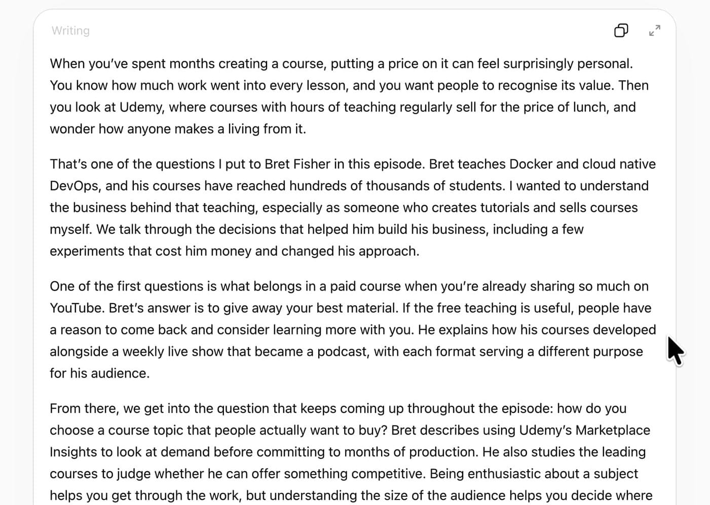 First draft of narrative show notes in ChatGPT for the episode with Bret Fisher