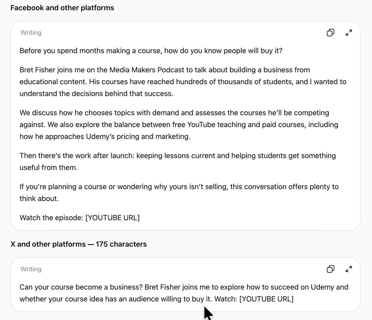 ChatGPT response with a longer promo post for Facebook and a short 175-character post for X, both with a YouTube URL placeholder