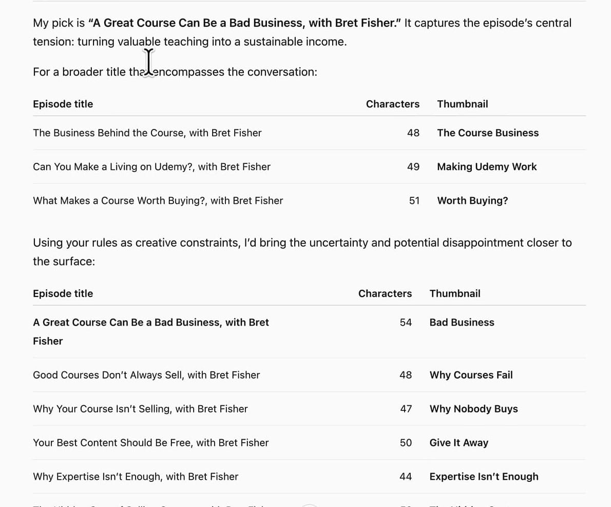 ChatGPT table of episode title options with character counts and short thumbnail versions