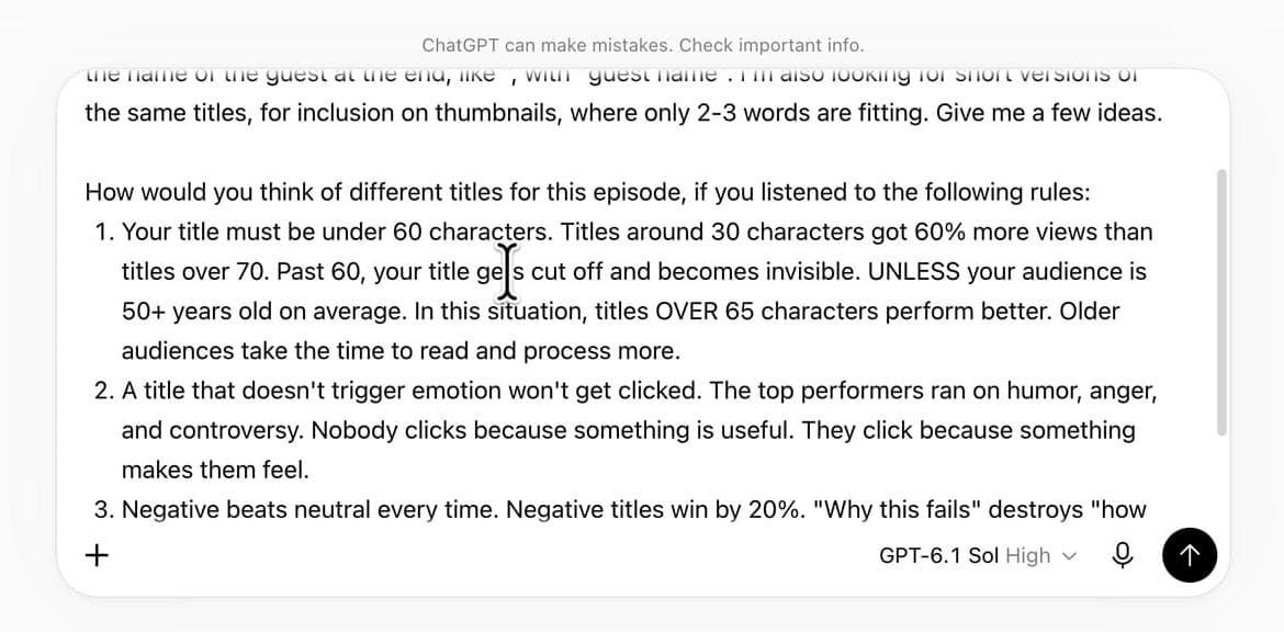 ChatGPT prompt asking for episode titles under 60 characters with optional rules about emotion, negative framing and numbers