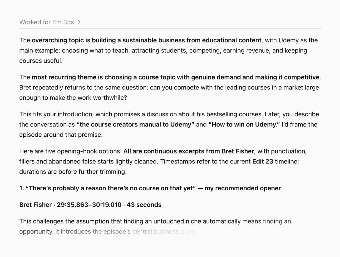 ChatGPT response with the overarching topic, the most recurring theme and five hook options from Bret Fisher with timestamps