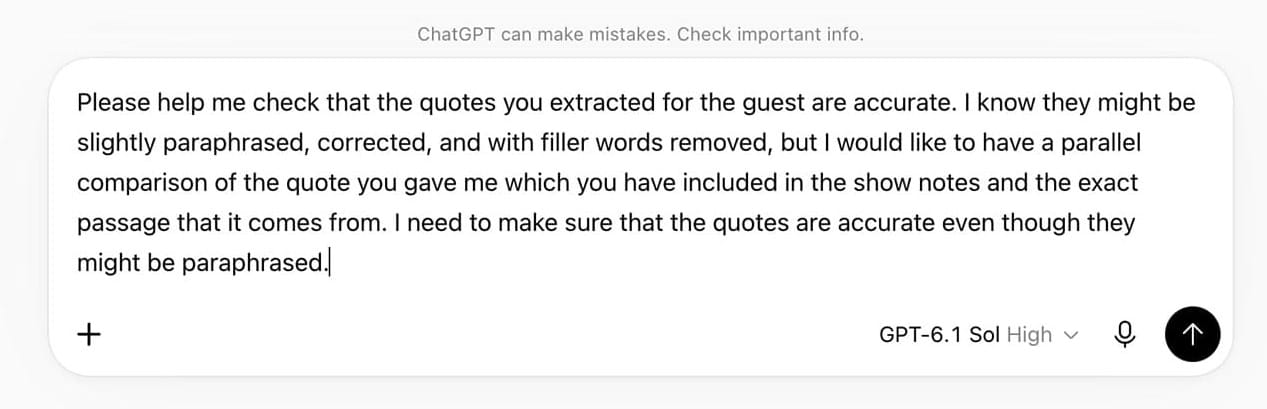 ChatGPT prompt asking for a parallel comparison of each guest quote and the exact transcript passage