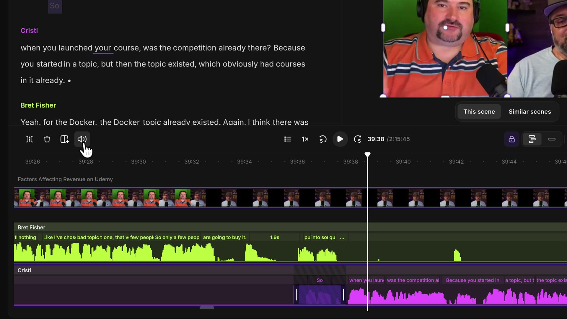 Riverside expanded timeline with a short selection on the host's purple track and the cursor on the mute button