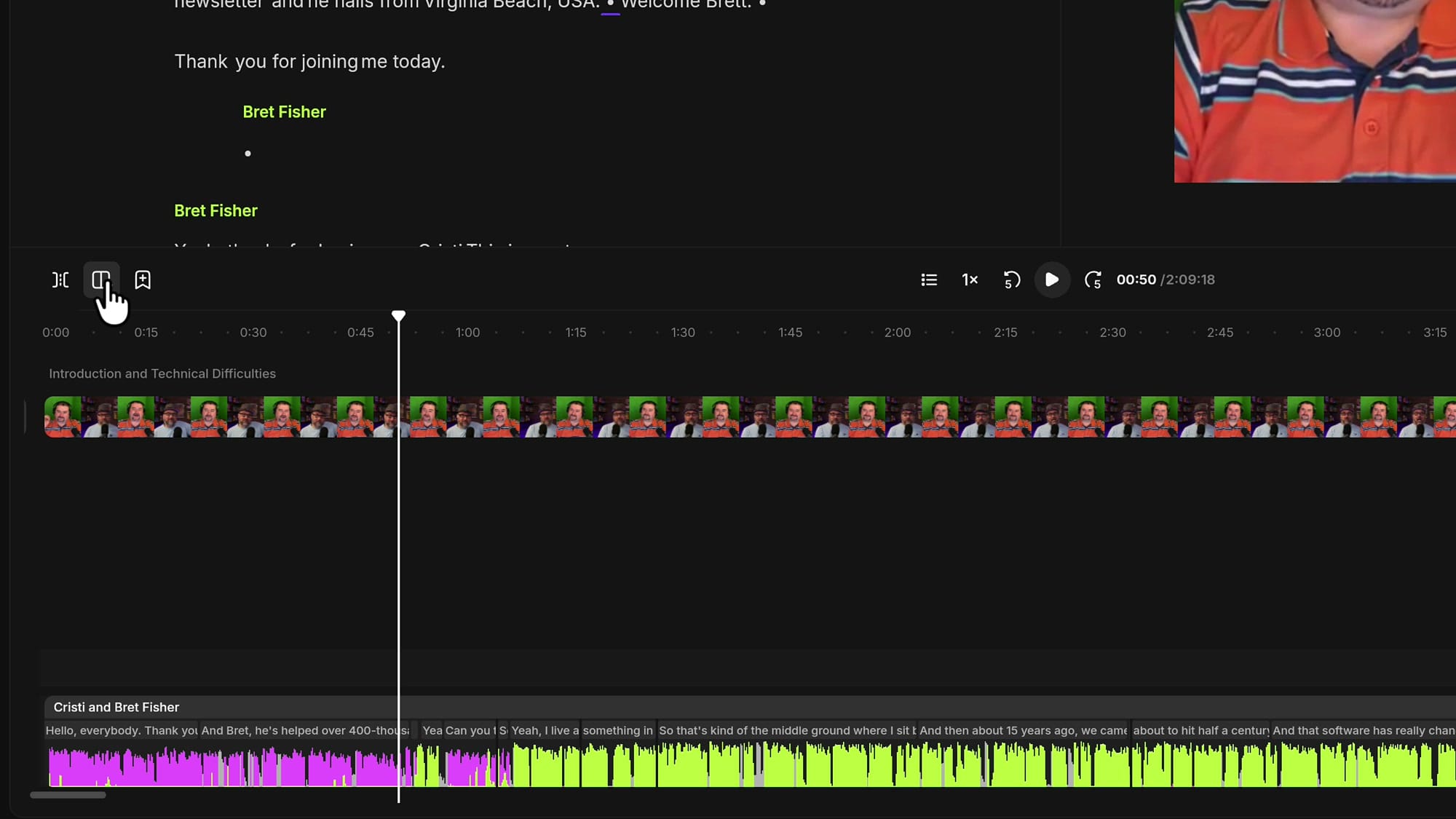 Riverside timeline with the cursor on the New Scene button and the playhead at the end of the purple host intro