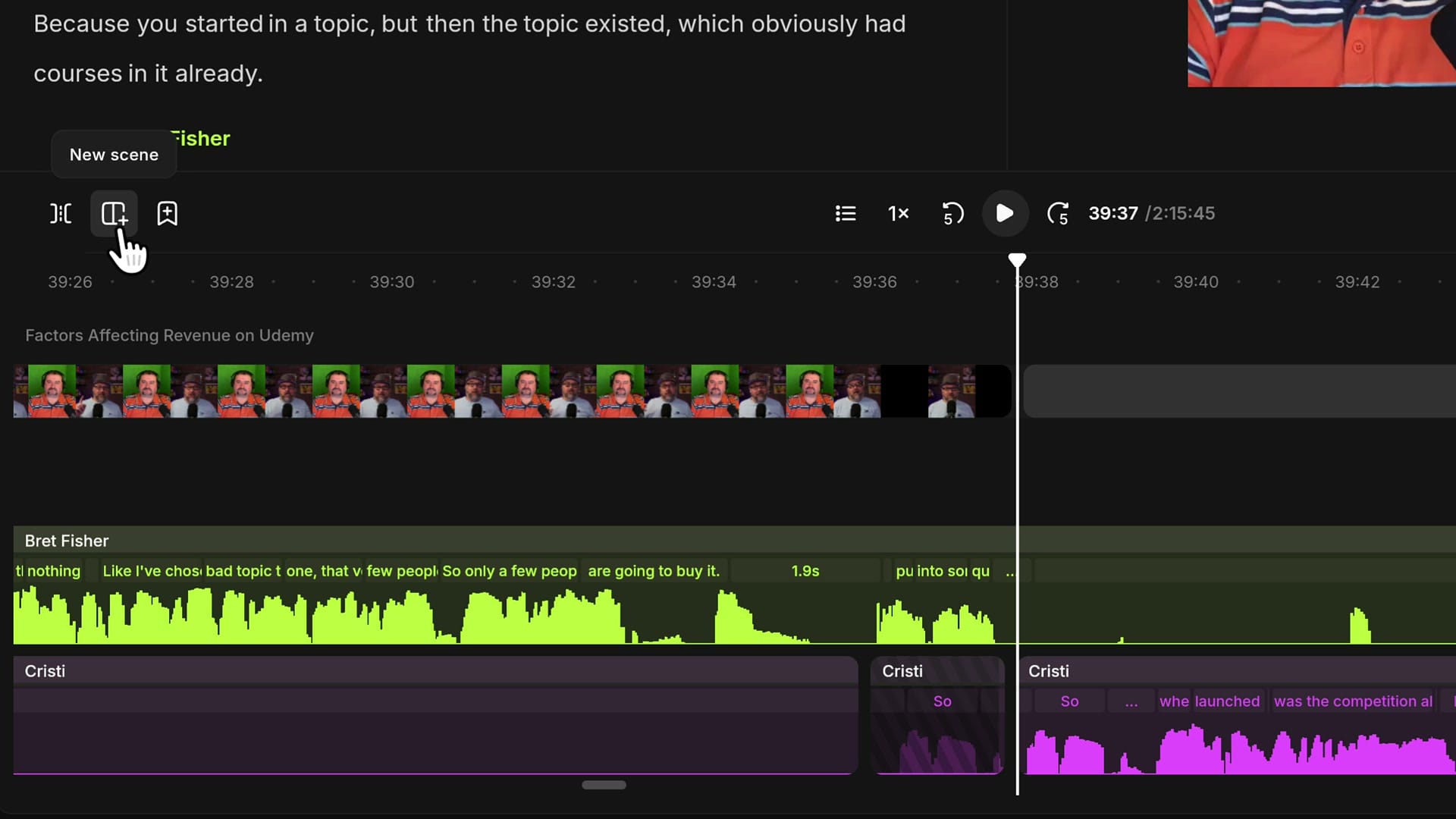 Riverside timeline toolbar with the New scene button tooltip and the playhead after the guest finishes