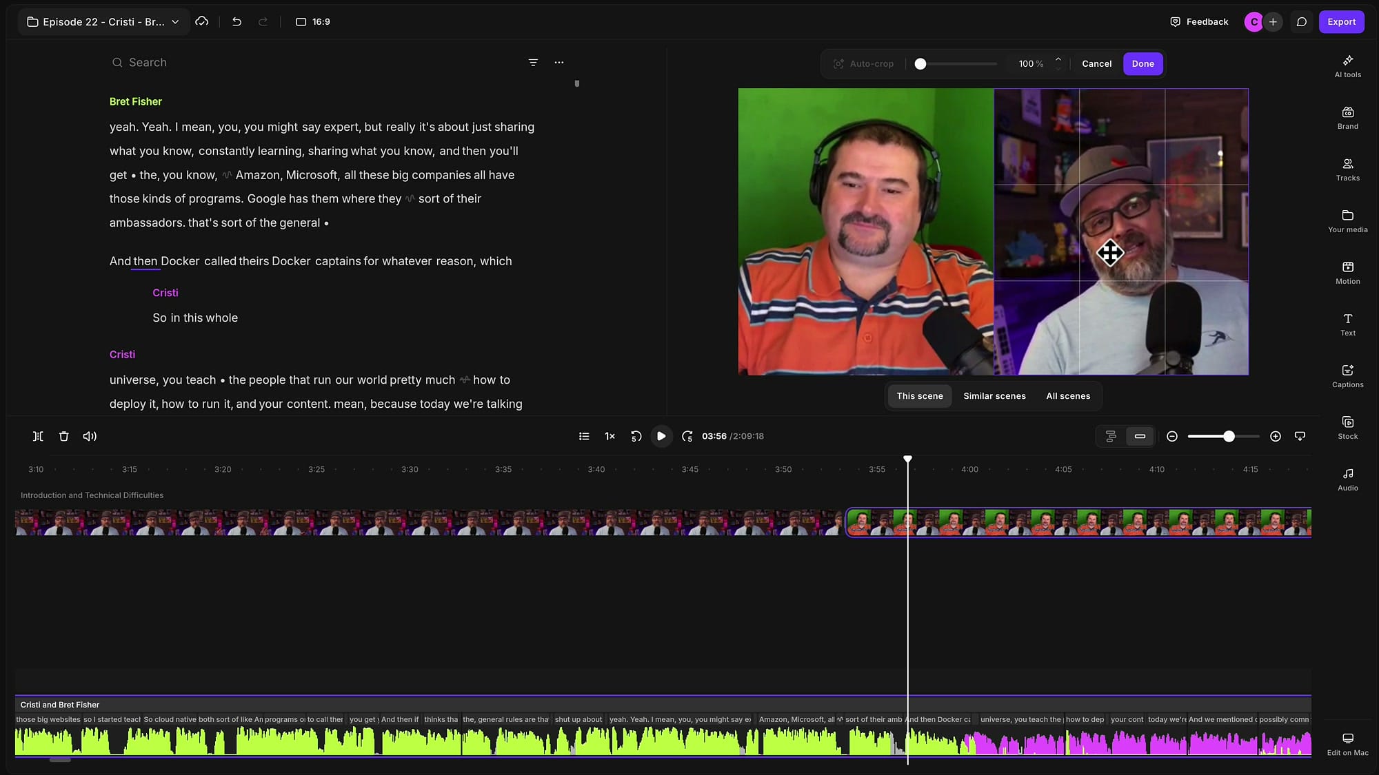 Riverside preview with the host on the left and the guest on the right, the guest video in crop mode being repositioned