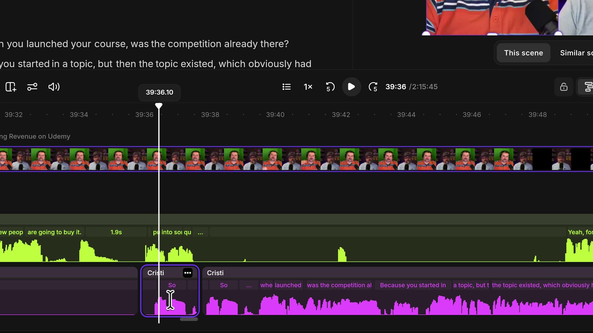 Riverside expanded timeline with the host's short restored clip selected, ready to be muted