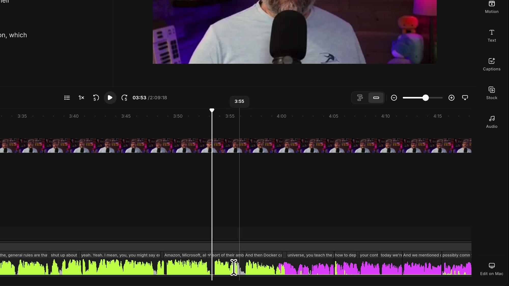Zoomed-in Riverside timeline with the playhead at 3:53, a few seconds of green guest audio before the purple host audio returns
