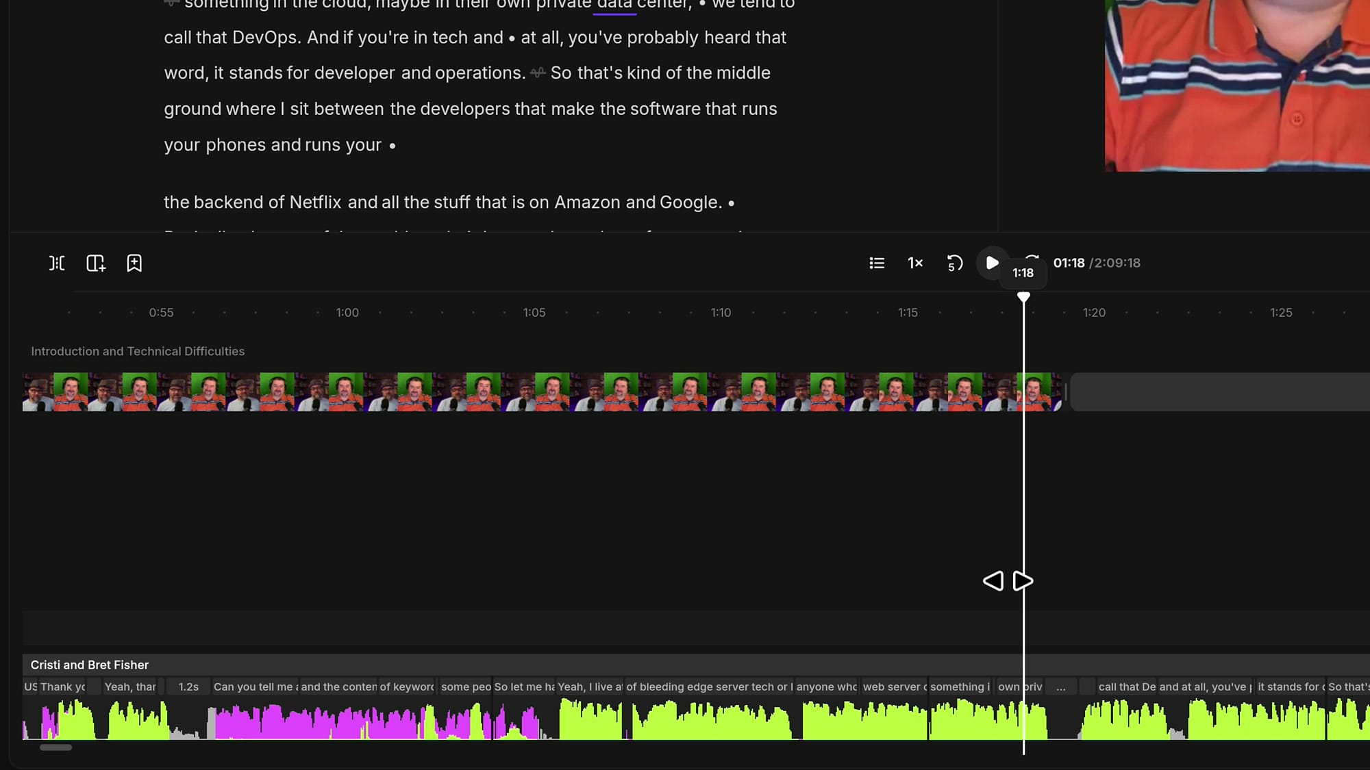 Zoomed-in Riverside timeline with the scene break placed at 1:18, in a gap a few sentences into the guest's answer