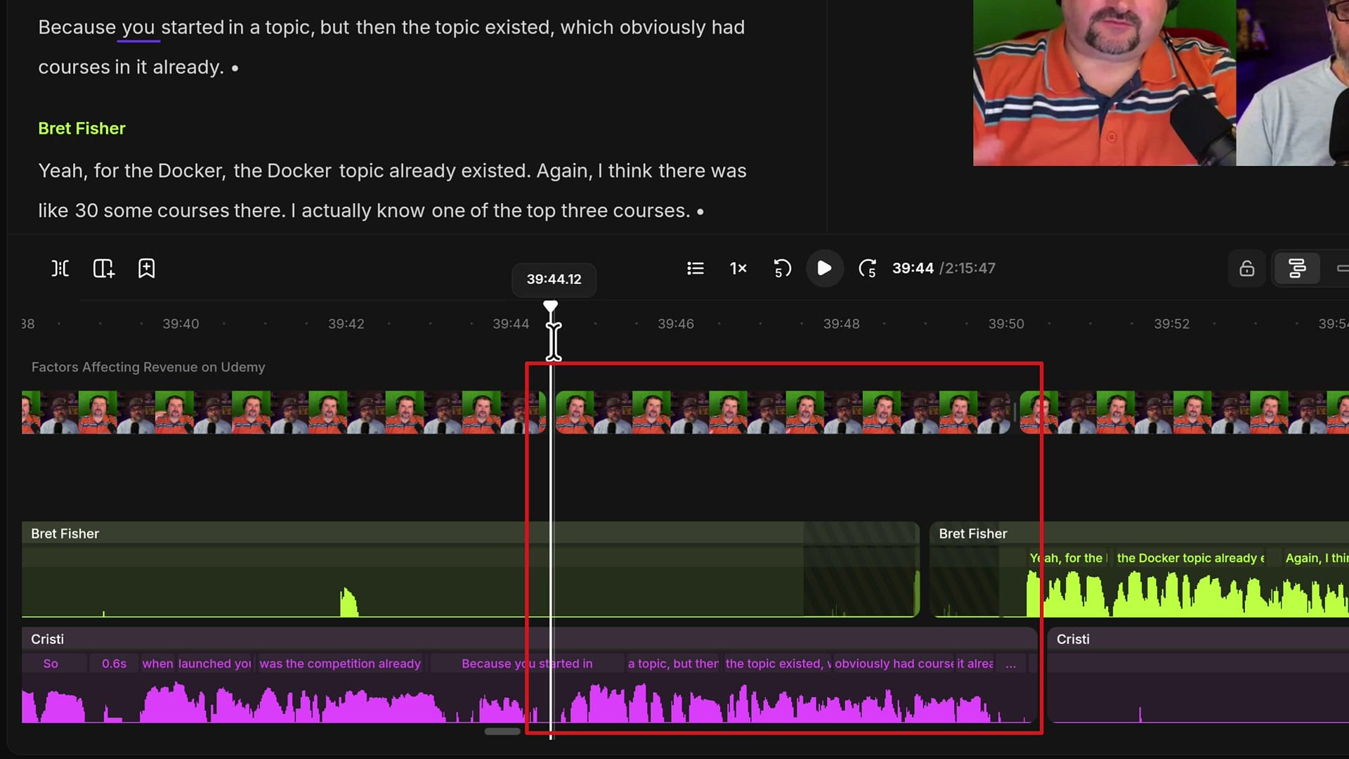 Riverside timeline with a red box around a short scene where the guest's video is repeated while the host speaks