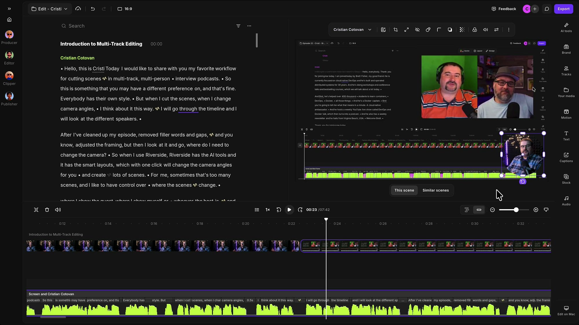 Riverside editor with a new scene showing the screen share full screen and the host camera in a circle in the corner