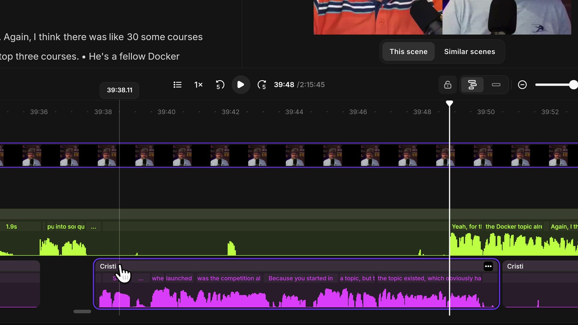 Riverside timeline with the host's split segment moved to the right so it starts after the guest stops talking