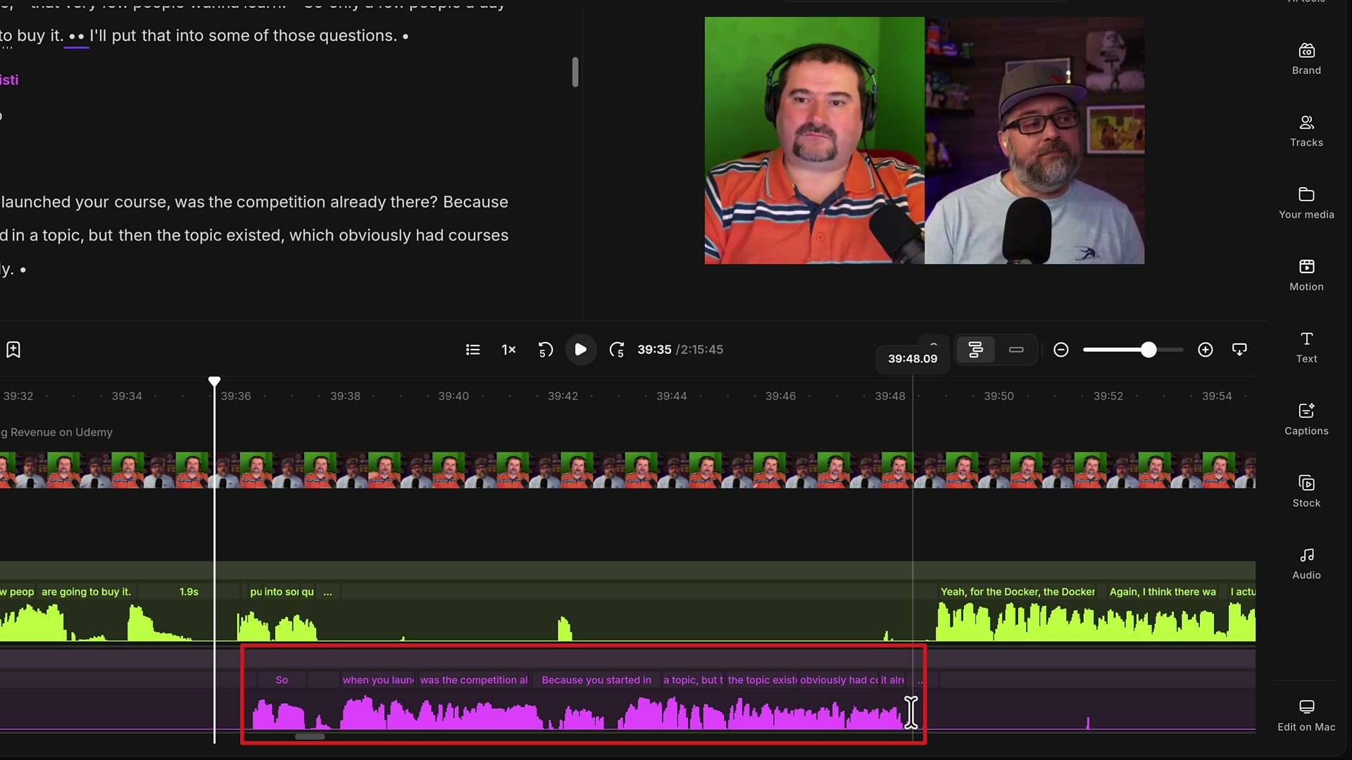 Riverside expanded timeline with a red box around the host's purple speech segment that overlaps the guest