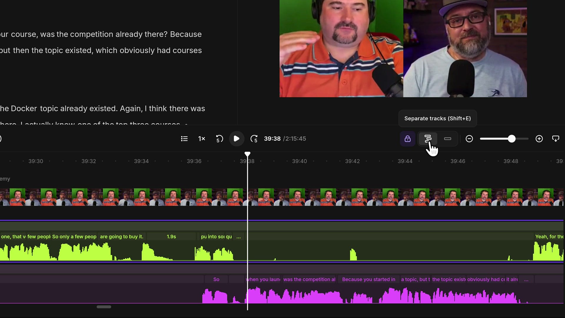 Riverside timeline toolbar with the Separate tracks (Shift+E) tooltip and the guest and host on separate lanes