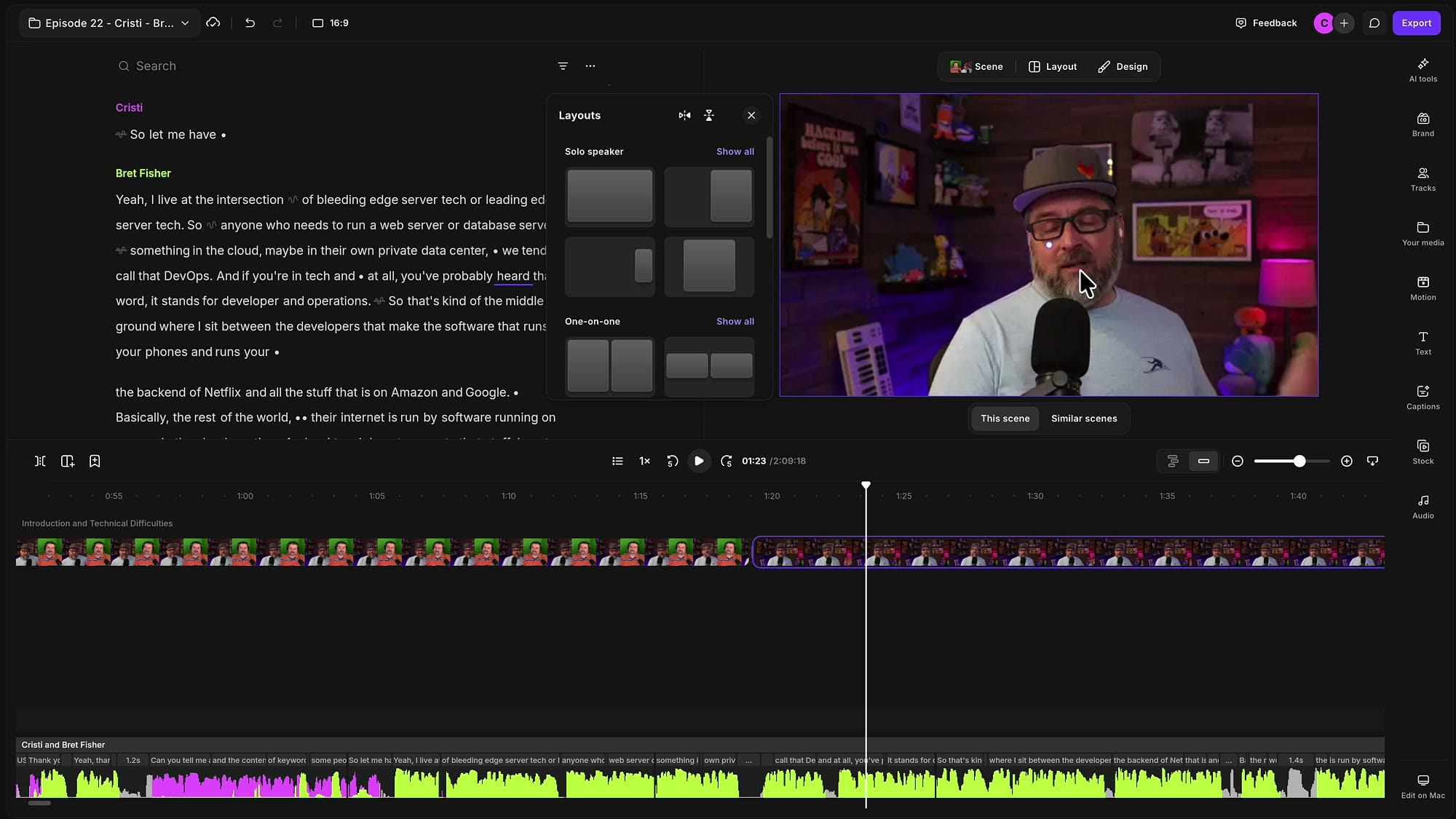 Riverside Layouts panel with a Solo speaker layout applied and the guest full screen in the preview