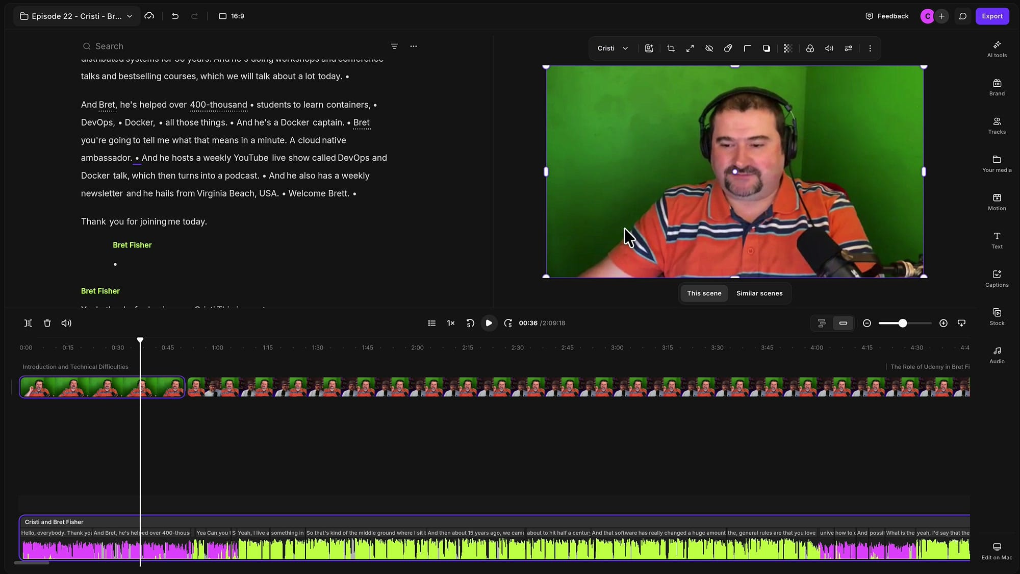 Riverside preview showing the host full screen with the speaker dropdown set to Cristi and the first scene selected in the timeline