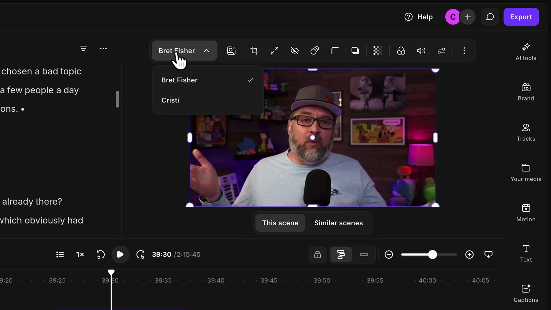 Riverside preview with the guest full screen and the speaker dropdown open showing Bret Fisher checked and Cristi below