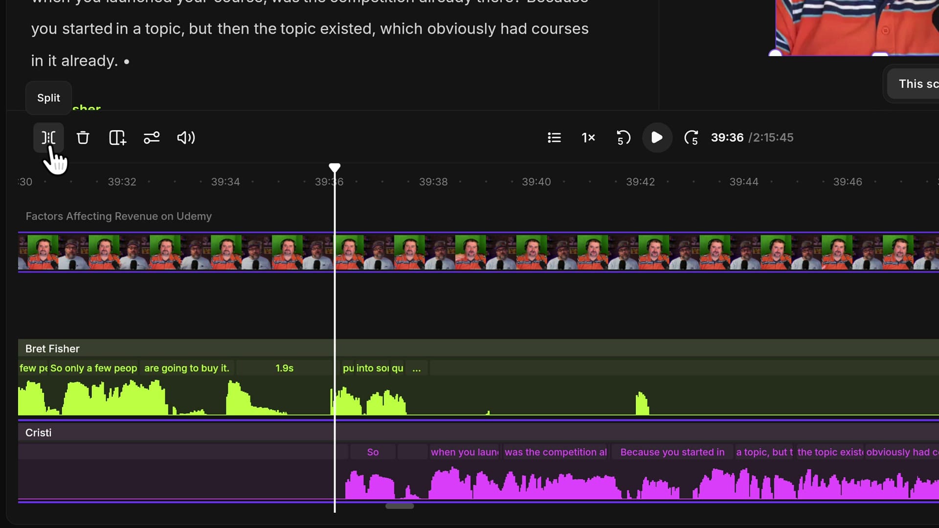 Riverside timeline toolbar with the Split button tooltip and the host's track selected