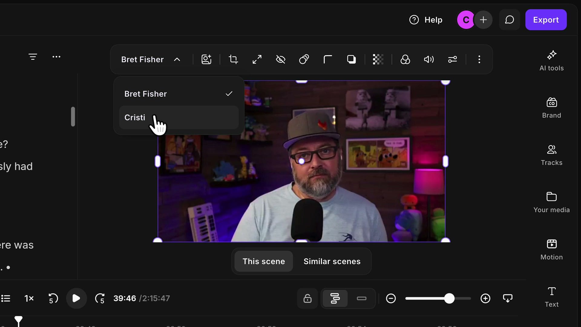 Riverside solo speaker scene with the speaker dropdown open and the cursor on Cristi to switch from the guest to the host