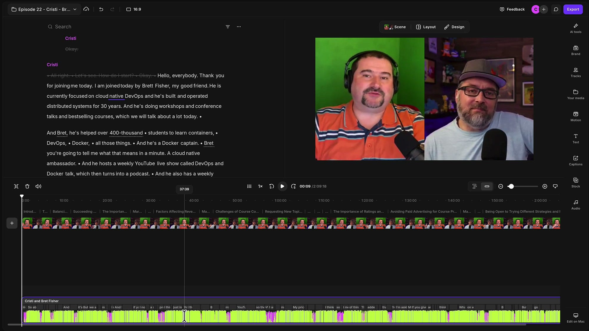 Riverside editor with the timeline enlarged, showing the audio track colored purple for the host and green for the guest