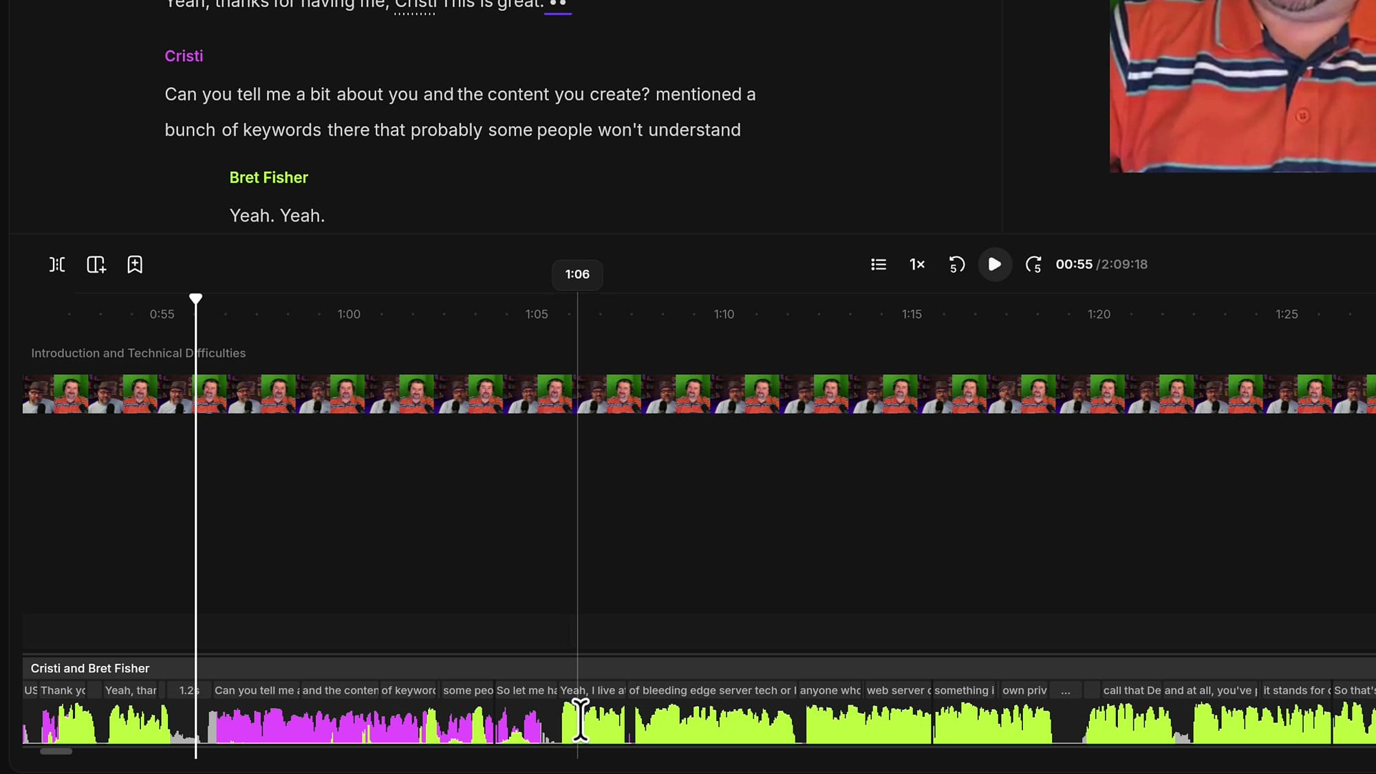 Zoomed-in Riverside timeline showing the purple host audio ending and the green guest audio starting around 1:06