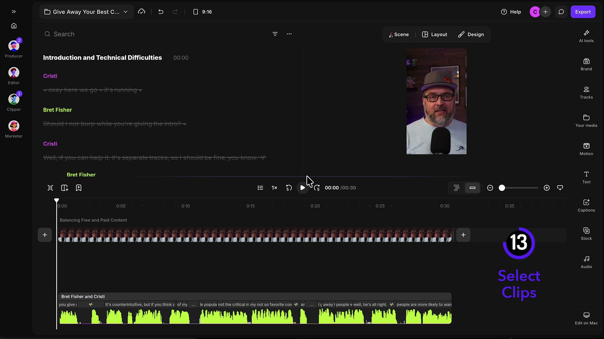 Riverside editor with a 9:16 vertical clip titled Give Away Your Best Content showing the guest on camera