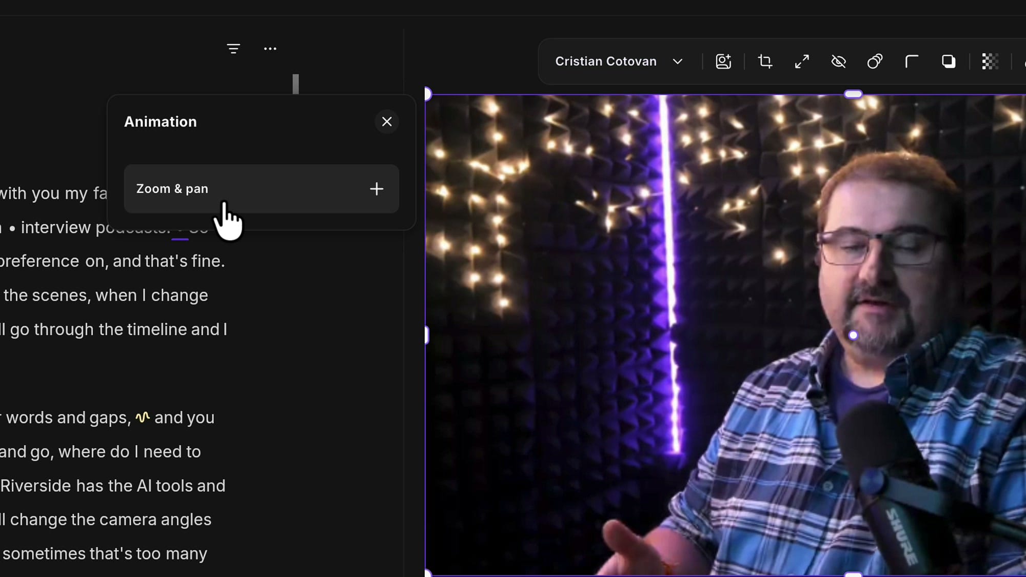 Riverside Animation panel with a Zoom and pan option and a plus button