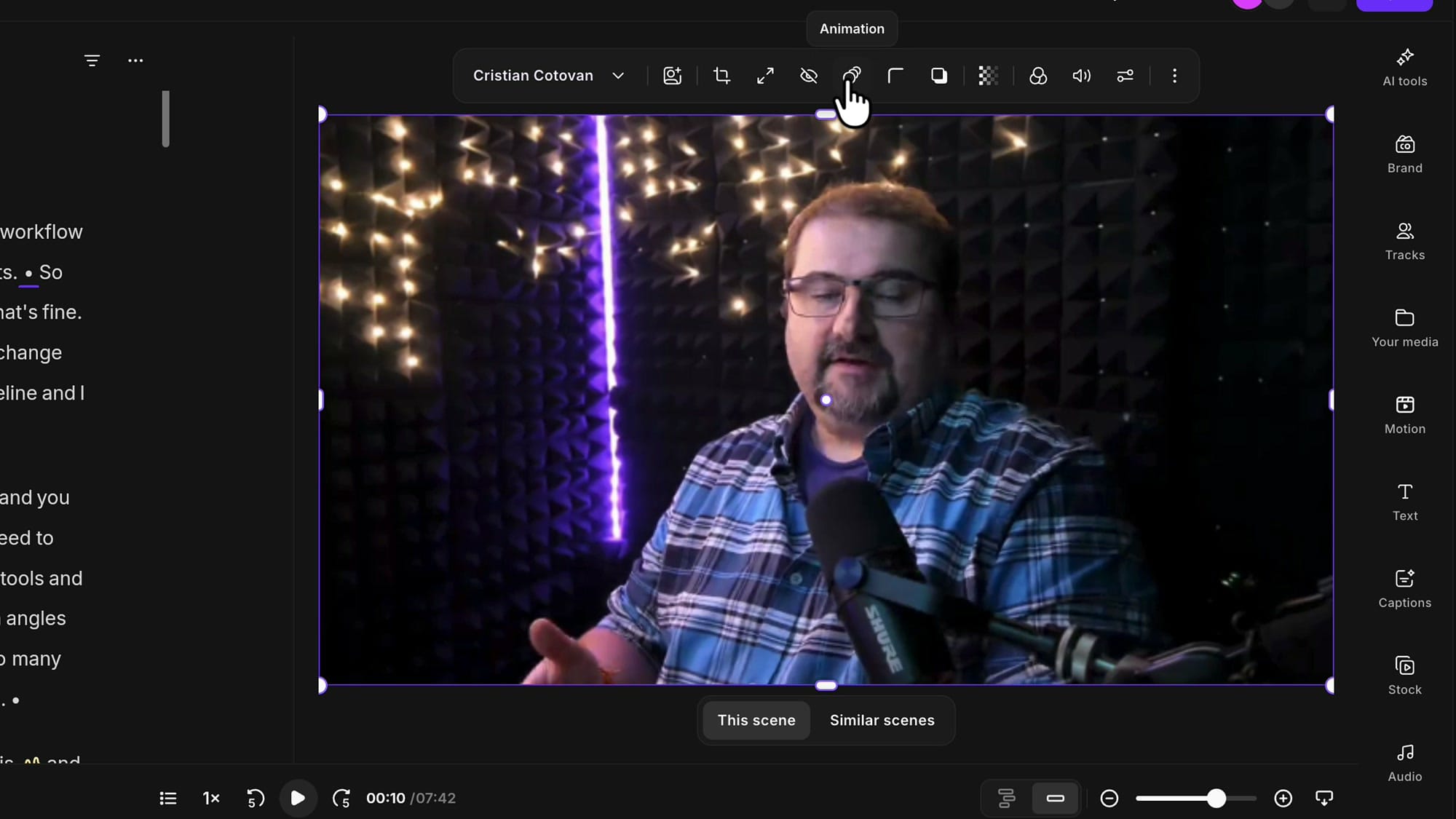 Riverside editor toolbar above the selected video with the Animation button highlighted