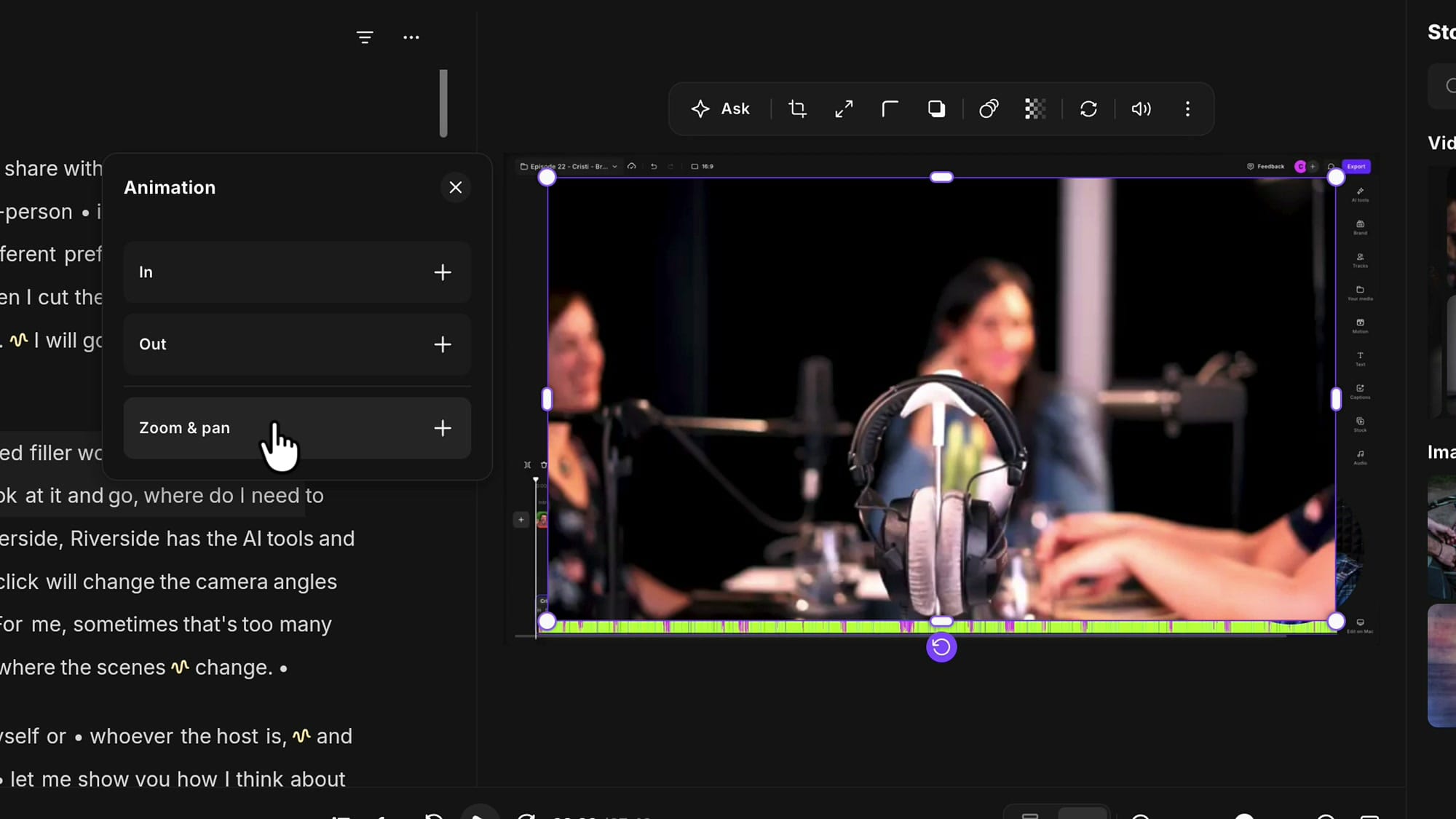 Riverside Animation panel for a stock B-roll clip showing In, Out, and Zoom and pan options