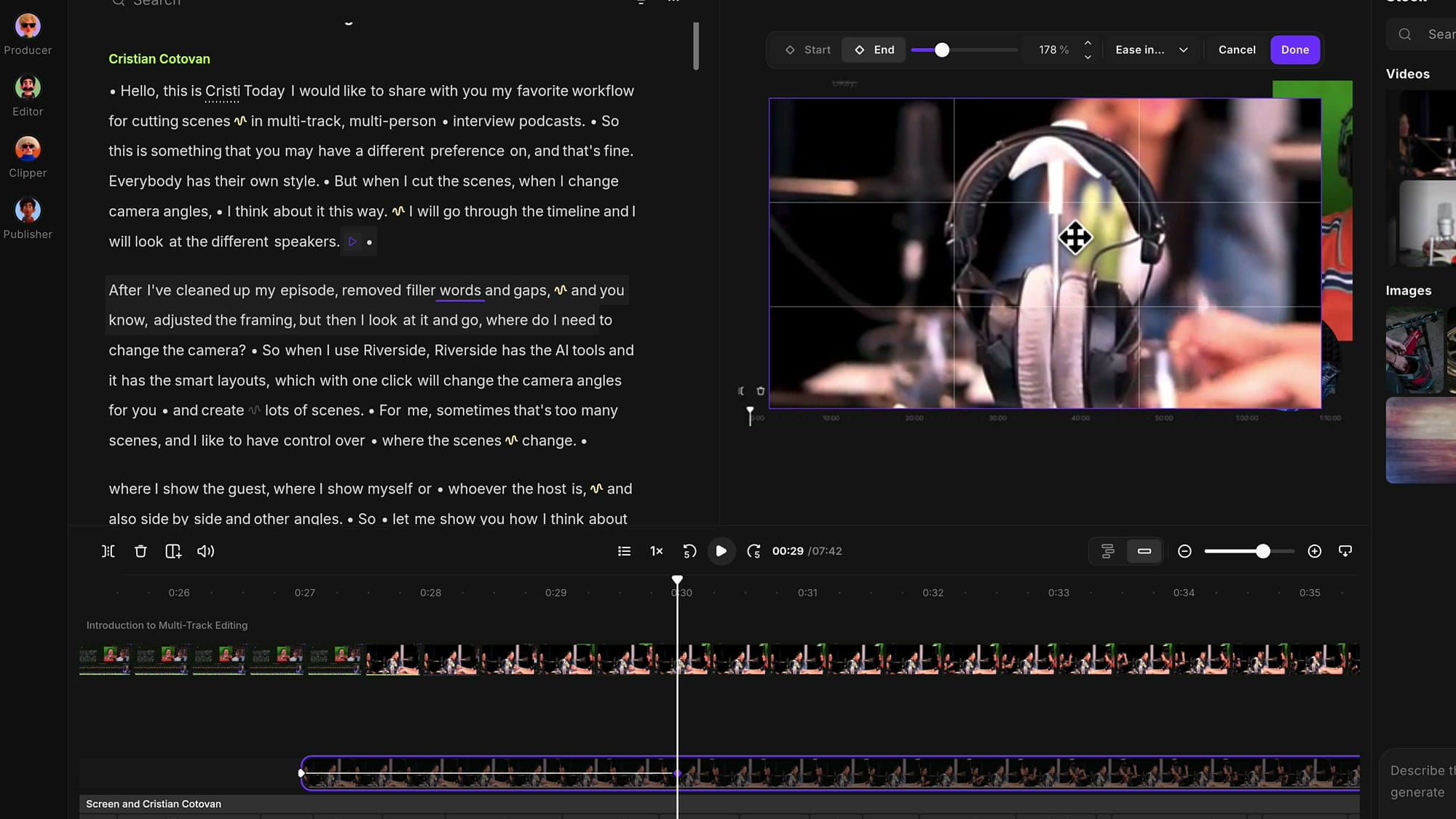 Riverside zoom and pan End keyframe on a stock video clip zoomed to 178 percent on a pair of headphones, with the keyframe line on the overlay track