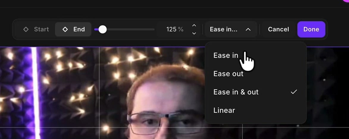 Riverside zoom and pan easing menu showing Ease in, Ease out, Ease in and out checked, and Linear