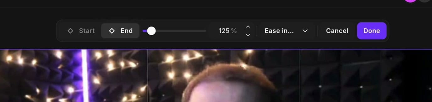 Riverside zoom and pan bar with End selected, zoom at 125 percent, and the video being dragged on the canvas
