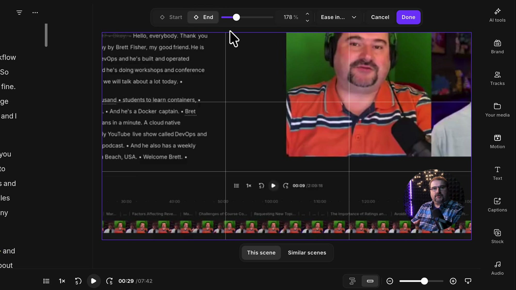 Riverside zoom and pan End keyframe on a screen share zoomed to 178 percent, showing the top-left of the recording