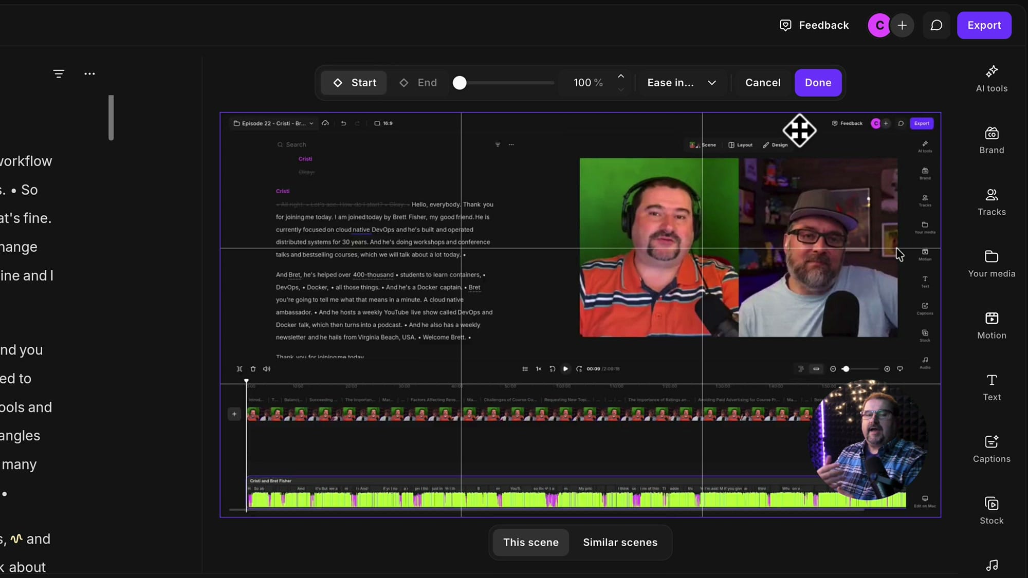Riverside zoom and pan Start keyframe on a screen share at 100 percent showing the whole screen recording