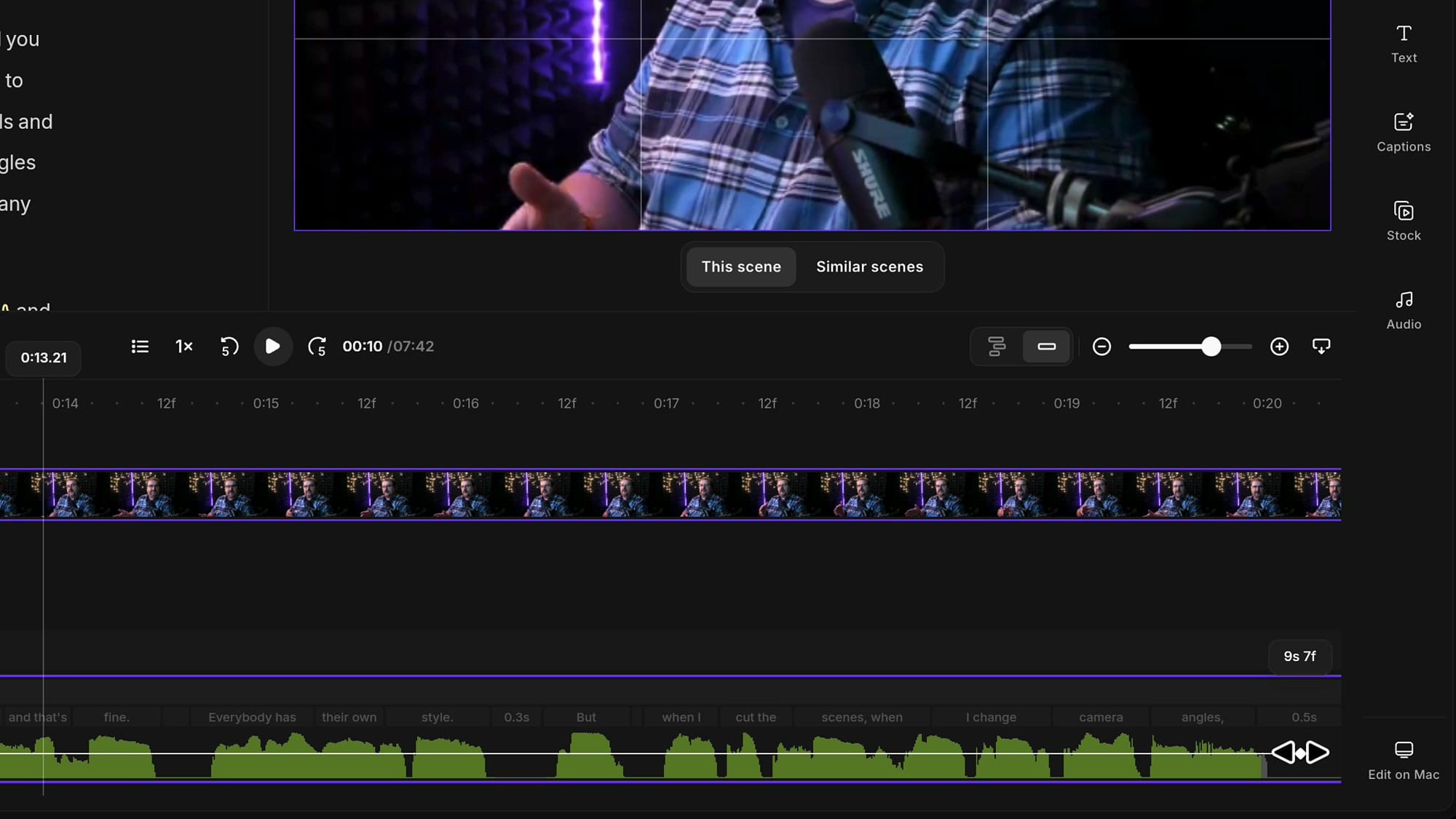 Riverside timeline with the zoom and pan animation line being dragged and a duration label of 9 seconds 7 frames