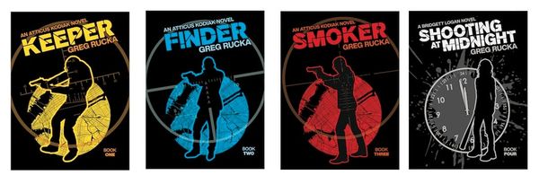 Covers to the first four novels in the Atticus Kodiak series, designs by Eric Trautmann