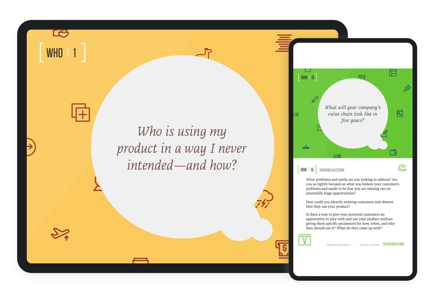 The Killer Questions digital deck open on a tablet and a phone