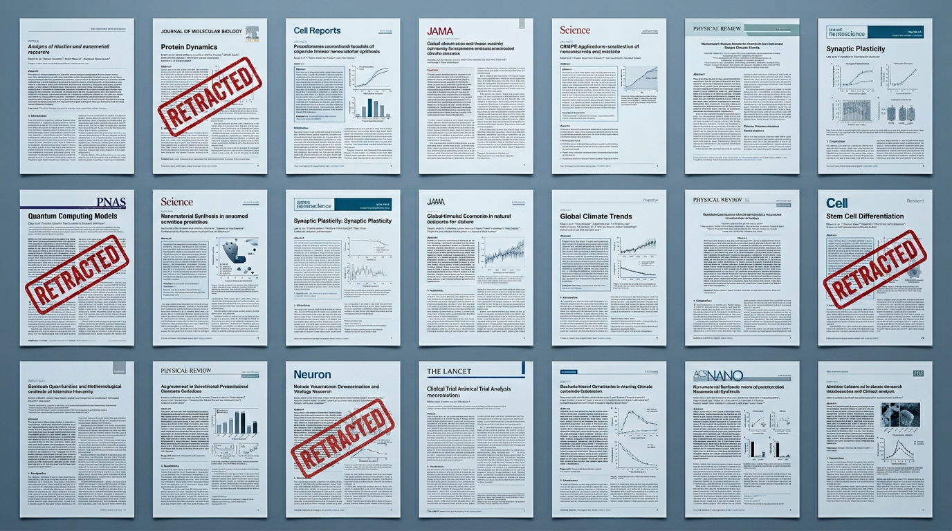 Image of research studies with the word RETRACTED stamped on a few. 