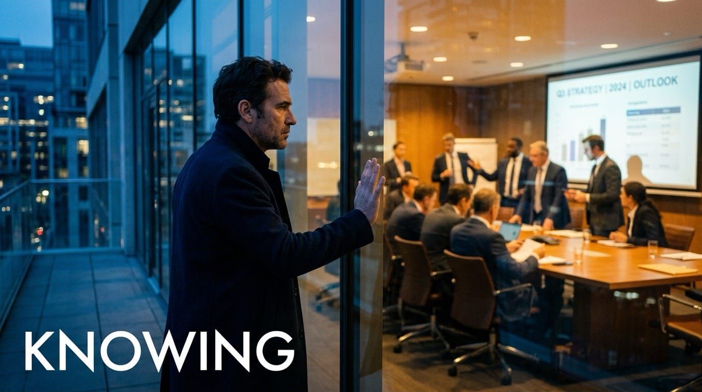 A man looking in from the outside watching a meeting making decisions - mindjacking
