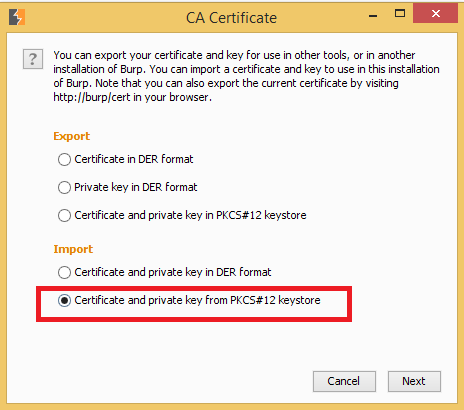 Importing a new PKCS in Burp