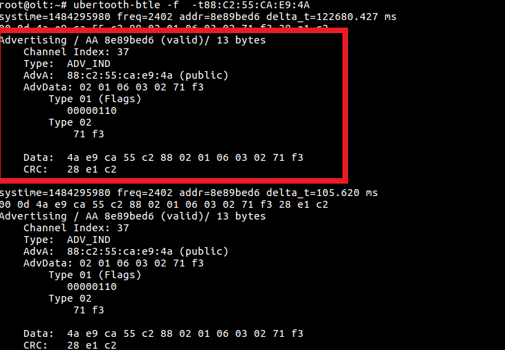 Advertising packets identification with Ubertooth