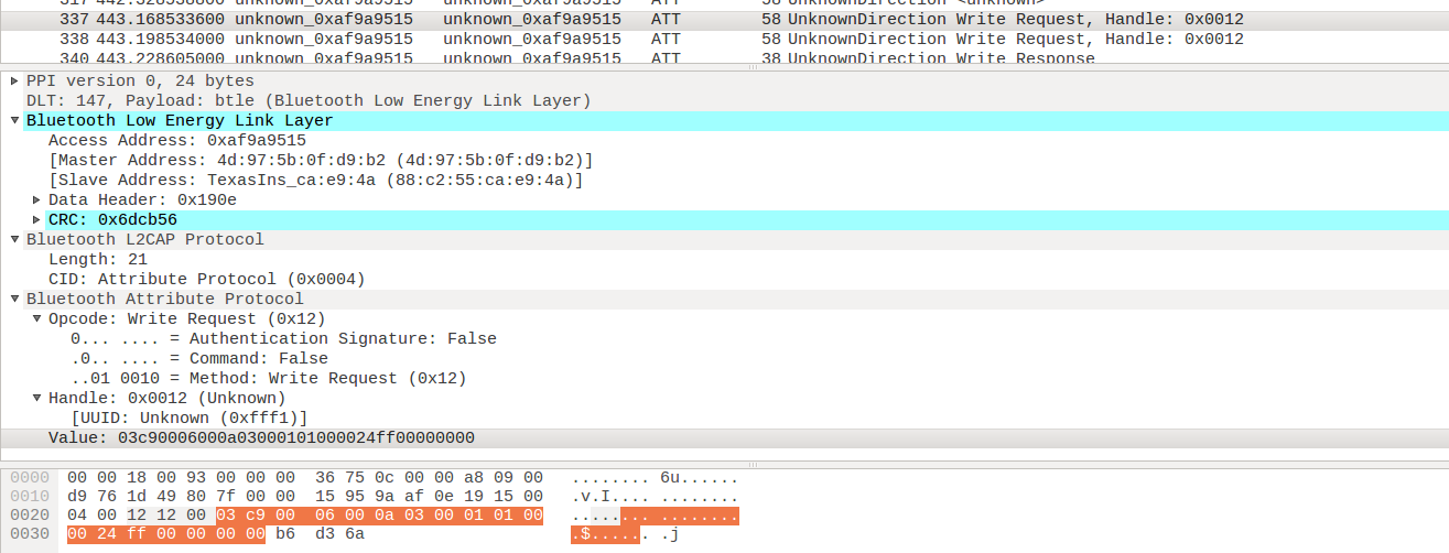 Wireshark showing write packets for BLE
