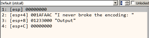 Figure 3: The arguments passed to MessageBoxA