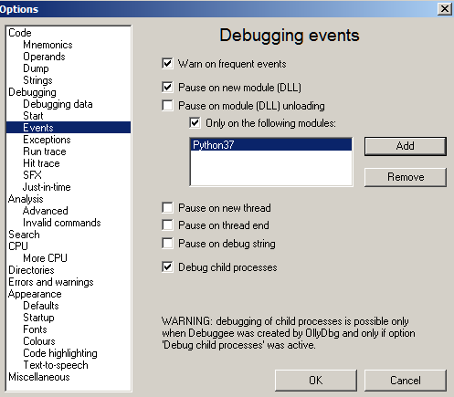 Figure 21: Setting OllyDbg options
