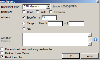 Figure 7: Setting a memory write breakpoint