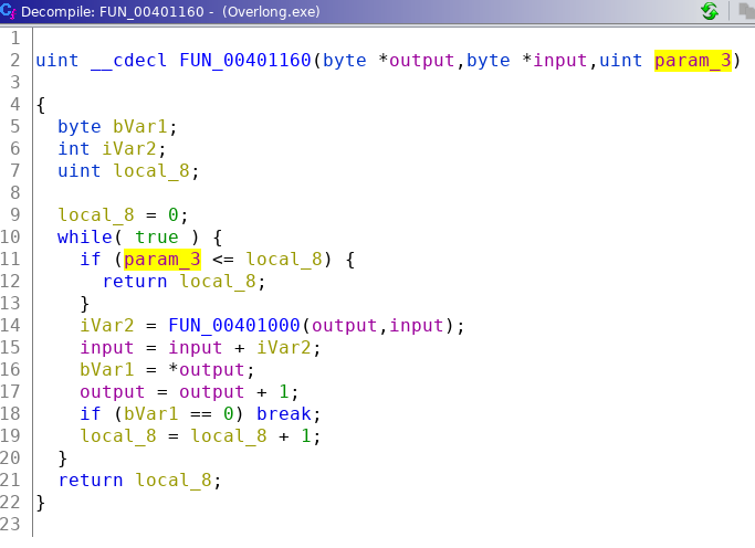 Figure 6: The decompiled code listing of FUN_00401160