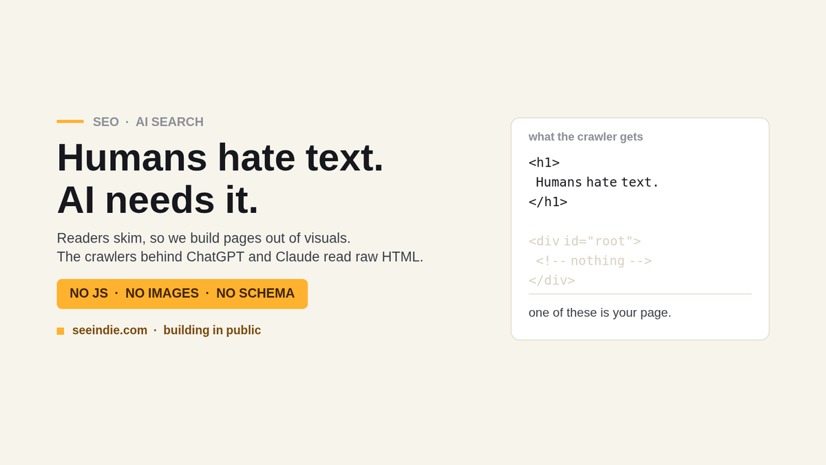 SeeIndie banner: Humans hate text. AI needs it.