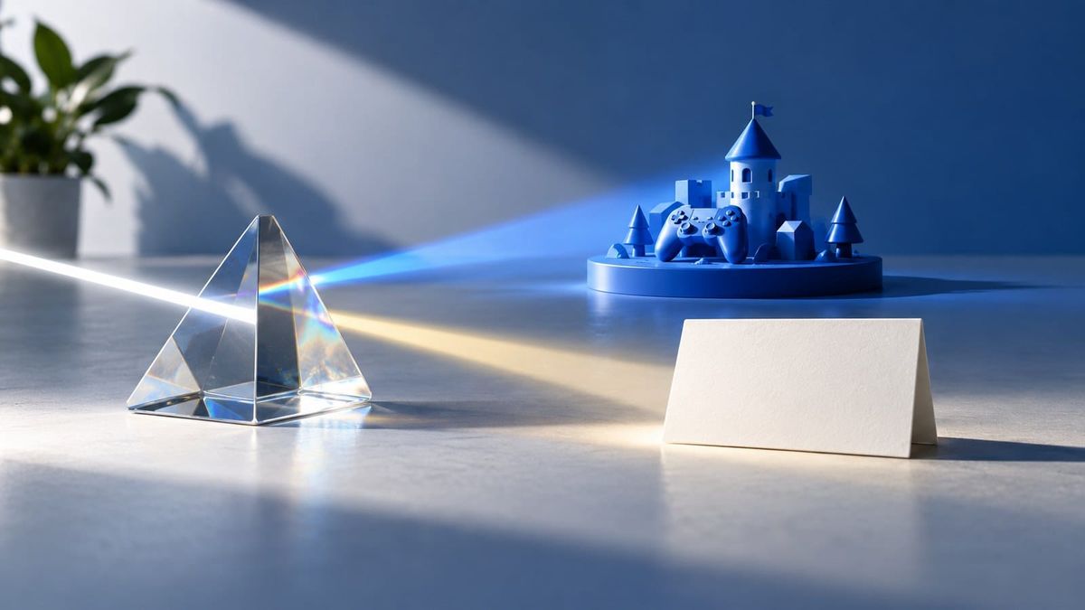 A prism beside a blue game diorama and a white card — SeeIndie