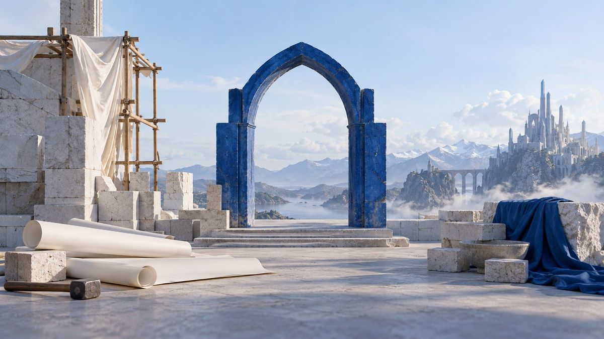 An unfinished blue portal on a white foundation beside plan sheets — SeeIndie