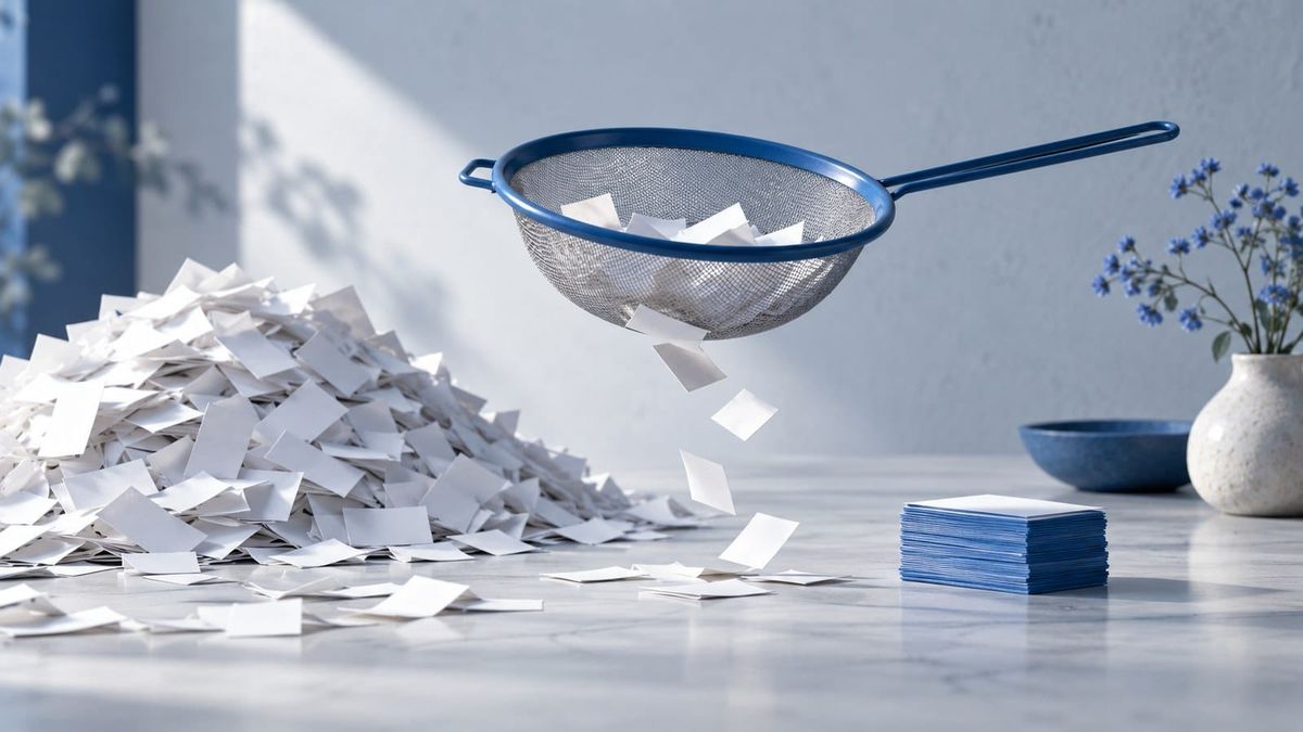 A blue sieve sorting paper slips into a small neat stack — SeeIndie
